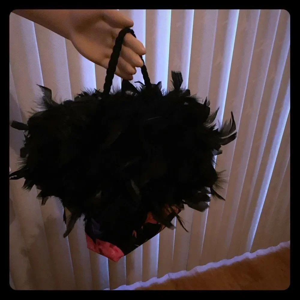 Flamingo Print Black Purse With Black Feathers And Colorful Design 7 1/2 Inches